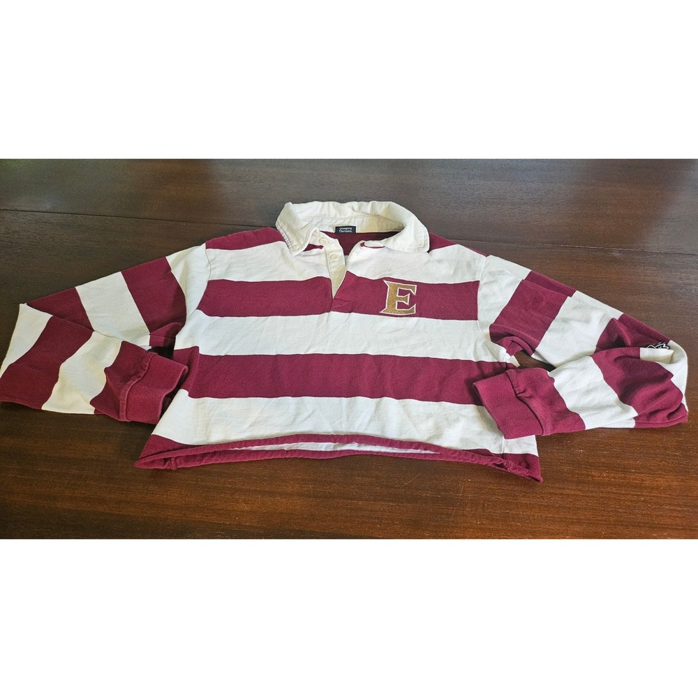 Hype and Vice Rugby Shirt Women Small Maroon Cream Striped Cropped Long Sleeve